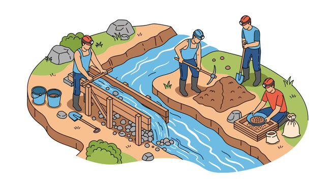 Group of gold miners working by a river with sluice box and panning for gold.