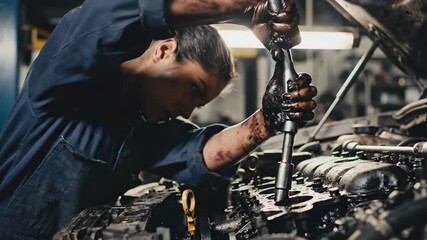 A female mechanic intently working on a car engine in a well-lit garage, using a wrench to tighten a bolt. Shows dedication and skill. - Powered by Adobe