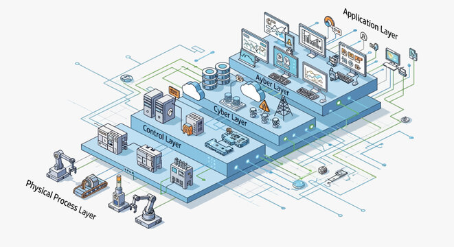 Industrial Automation System Architecture with Physical, Control, and Application Layers.