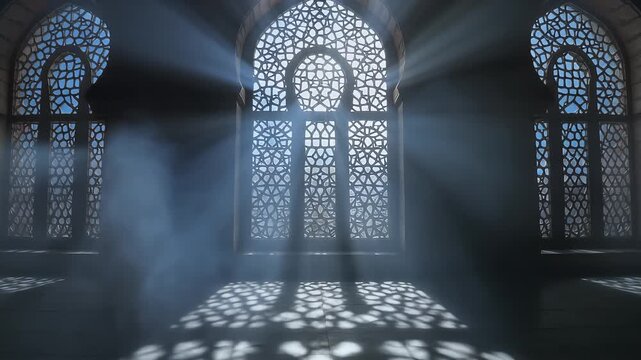 Moon light shine through the window into islamic mosque interior. Ramadan Kareem islamic motion background. 3d animation.