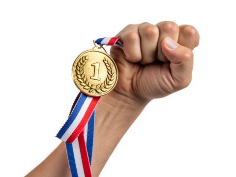 A clenched fist proudly holds a shimmering gold medal with the number one, celebrating an ultimate win and significant achievement.