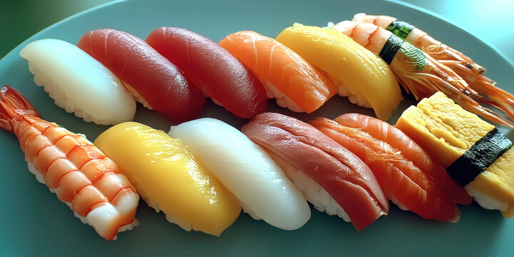 Sushi nigiri assortment on matte gray plate, colorful fish and egg slices arranged in two rows, appetizing presentation