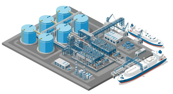 Industrial complex with storage tanks and ships at dockside.