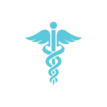 Cyan Caduceus With Wings on White Background Medicine Symbol Design
