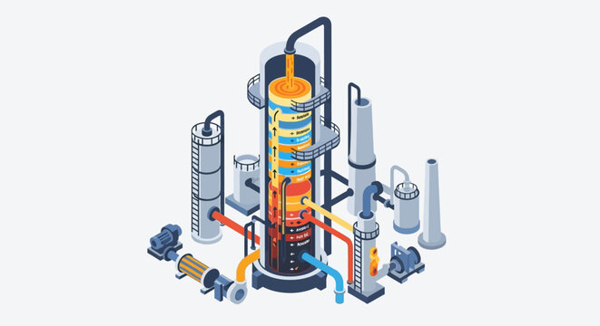 Industrial distillation column with multiple components and pipes.
