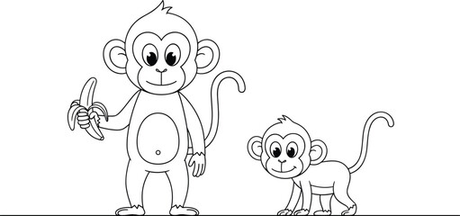 Cartoon monkeys holding bananas, cute jungle animals, black and white vector illustration for kids, wildlife education, and playful design