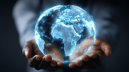 Hands cradle glowing digital earth with continents and connections holding globe