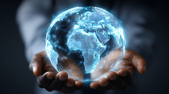 Hands cradle glowing digital earth with continents and connections holding globe