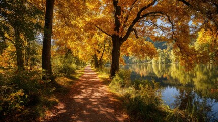 Obraz premium Golden autumn forest landscape with sunlit trees, colorful fall foliage, and misty morning atmosphere in serene natural scenery