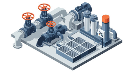 Industrial pump system with valves and gauges.