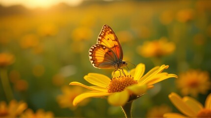 Butterfly on Yellow Flower in Field