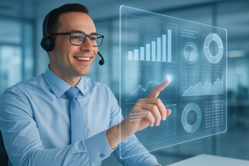 Data Visualization Expert: A confident business professional, with headset engaged, interact with advanced data visualization, indicating a focus on business analytics and technological progress. 