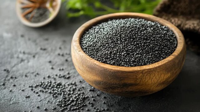 Closeup of poppy seeds and other spices