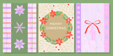 Three christmas cards with flowers wreath and bow in pastel colors