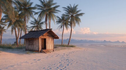 Tropical Beach Hut At Sunrise With Palm Trees. Serene Coastal Escape