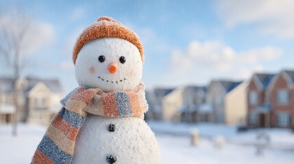 Snowman With Orange Hat And Scarf In Snowy Neighborhood. Winter Holiday Scene Capturing Festive Spirit
