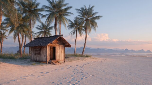 Tropical Beach Hut At Sunrise With Palm Trees. Serene Coastal Escape - Powered by Adobe