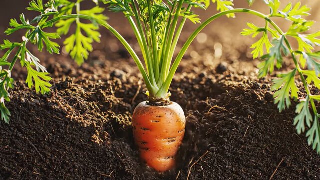 Green sprout emerges from rich soil, revealing roots and developing into a vibrant carrot, showcasing growth progression with a gentle zoom in on the scene