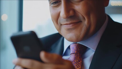 Businessman using smartphone for communication in office setting. - Powered by Adobe