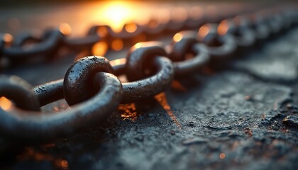 Thick rusty steel chains interlock on rough dark ground. Sunlight glints off metal links, showing wet surface and textured rough concrete or asphalt. Strong heavy industrial background detail.