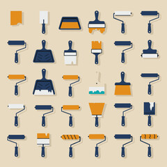 A collection of various painting tools and supplies, including brushes, rollers, and spatulas, arranged in a grid.