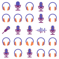 A grid of various audio-related icons including headphones, microphones, and sound waves in a flat design style.