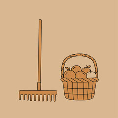 A simple illustration of a garden rake next to a fruit basket filled with oranges on a plain background.