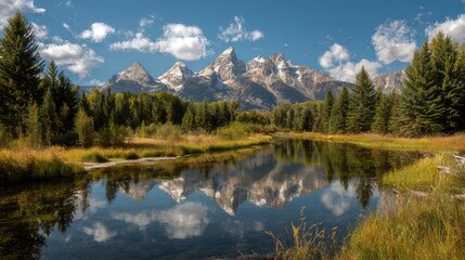 Grand teton mountains reflected in calm alpine lake with dramatic peaks, lush forested valleys, and clear blue sky in scenic wyoming wilderness