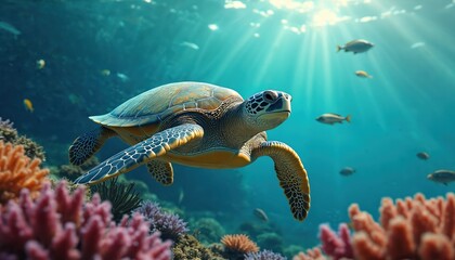 Fototapeta premium Large sea turtle swims gracefully in clear blue ocean water. Sun rays shine through surface, illuminating vibrant coral reef. Many small tropical fish swim near beautiful marine reptile, exploring