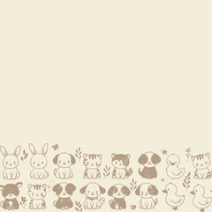 Cute cartoon animal border design with bunnies, puppies, kittens, and ducks on a light beige background, perfect for children's themes.