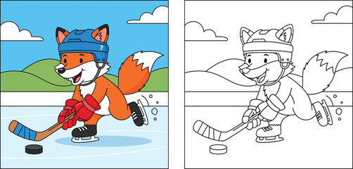 Cartoon fox playing ice hockey coloring page. Vector illustration of cute animal skater with stick and puck. Winter sport outline and color version for kids activity book.