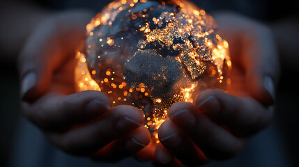 Hands cradling glowing earth orb holding globe