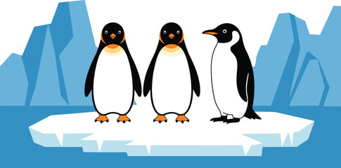 Cartoon penguins standing on floating ice with iceberg background, arctic wildlife vector illustration for cold climate, nature and environment themes