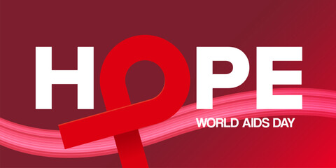 Hope lettering design with red ribbon. World AIDS DAY 1 december banner with red ribbon. World HIV awareness day starts in 1 December. Red ribbon with text background. World AIDS Day poster