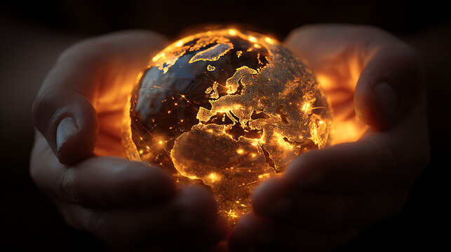 Hands cradling glowing earth with illuminated continents and cities holding globe