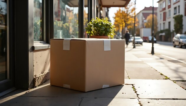 A large parcel on the city sidewalk in warm autumn colors, representing online delivery and contactless parcel delivery