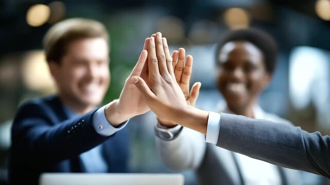 Workmates Celebrating Team Success with a High Five Moment