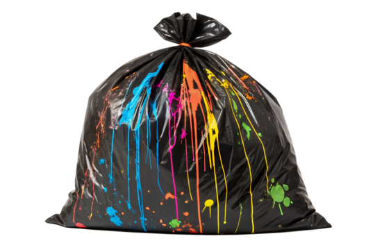 A black plastic garbage bag stands upright, covered with bright, colorful paint splatters and drips on a dark background.