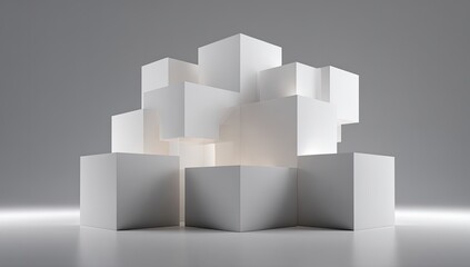 Abstract composition of stacked white cubes.  Simple geometric forms