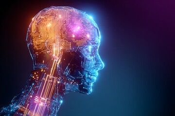 Obraz premium Artificial, intelligence digital brain glowing circuit neon technology render