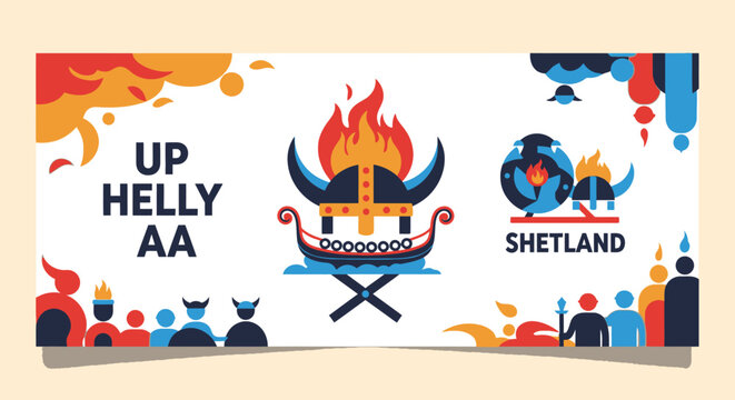 A dynamic flat design banner or poster for the Up Helly Aa festival, combining stylized Viking motifs with abstract fire elements. 