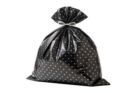 A decorative black bag with white polka dots is securely tied at the top with a simple white ribbon, standing isolated against a dark background.