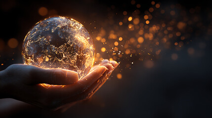 Hands cradling glowing orb with golden light particles holding
