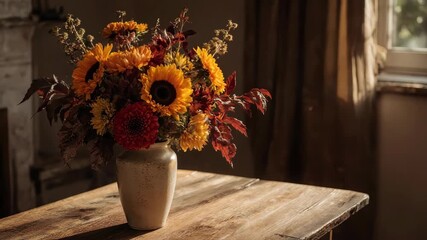 Rustic Autumn Floral Arrangement: Sunlight, Still Life, Warm Tones - Powered by Adobe