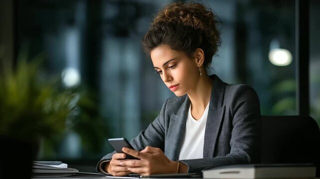 Young Latina businesswoman multitasking at her desk with smartphone.