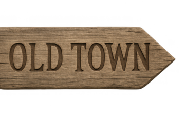 Old town rustic wood sign indicating direction backward, transparent background directional arrow
