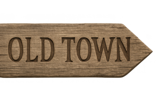 Old town rustic wood sign indicating direction backward, transparent background directional arrow