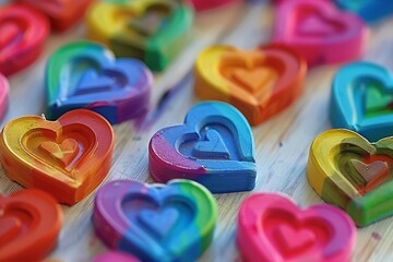 Close-up of Colorful Heart Crayons Arranged on Wooden Surface in Studio Setting for Valentine's Day or Back to School