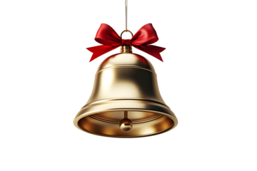 Shimmering golden bell adorned with a festive red ribbon, symbolizing joy, celebration, and holiday cheer, perfect for seasonal designs and announcements