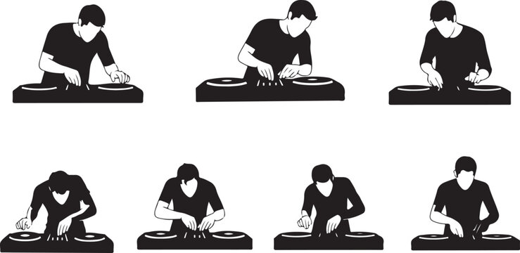 DJ disc jockey silhouette collection set, men playing records on turntable mixer in various poses vector illustration